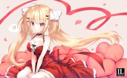 Rule 34 | 1girl, ahoge, bare arms, bare shoulders, black choker, blonde hair, bow, breasts, brown background, brown eyes, choker, cleavage, collarbone, commentary request, dress, frilled dress, frills, hair bow, hair ribbon, heart, heart-shaped pillow, long hair, looking at viewer, medium breasts, mitha, original, parted lips, petals, pillow, red bow, red dress, ribbon, sleeveless, sleeveless dress, solo, twintails, very long hair, white ribbon