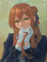 Rule 34 | 1girl, absurdres, arms up, artist name, blue jacket, blush, closed mouth, gblamgo, girls&#039; frontline, gloves, green eyes, hair ribbon, highres, holding, holding hair, jacket, lips, long hair, long sleeves, looking at viewer, orange hair, ribbon, simple background, solo, springfield (girls&#039; frontline), uniform, upper body, white gloves