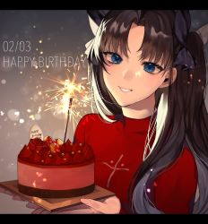 Rule 34 | 1girl, bad id, bad twitter id, black hair, blue eyes, blush, breasts, brown hair, cake, candle, commentary request, dated, fate/stay night, fate (series), fireworks, food, hair ribbon, happy birthday, highres, holding, letterboxed, long hair, long sleeves, looking at viewer, medium breasts, parted lips, red sweater, ribbon, shimatori (sanyyyy), smile, solo, sparkler, sweater, tohsaka rin, two side up, upper body
