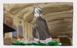 Rule 34 | 1girl, black cape, black eyes, black hair, black jacket, cabinet, cape, closed mouth, commentary request, door, hair between eyes, indoors, jacket, jitome, lantern, leaf, looking at viewer, made in abyss, mi (pic52pic), multicolored hair, ozen, pouch, shelf, short hair, solo, standing, two-tone hair, whistle, white hair, window