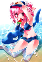 Rule 34 | 1girl, absurdres, arm up, armpits, bare shoulders, bikini, bikini top only, blue bikini, blush, breasts, cleavage, collarbone, food, fruit, hat, highres, imu sanjo, legs, looking at viewer, mouth hold, navel, open fly, original, outdoors, partially submerged, pink eyes, pink hair, popsicle, shadow, short shorts, shorts, sitting, solo, swimsuit, thighs, two side up, water, watermelon, watermelon bar, wet