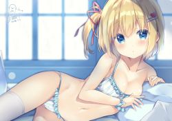 Rule 34 | 1girl, :o, bare shoulders, bed sheet, blonde hair, blue eyes, blush, bra, breasts, cleavage, collarbone, commentary request, frilled bra, frilled panties, frills, groin, hair ornament, hair ribbon, hairclip, heart, heart hair ornament, lying, medium breasts, navel, on side, one side up, original, panties, parted lips, pillow, red ribbon, ribbon, saeki sora, signature, solo, striped bra, striped clothes, striped panties, thighhighs, underwear, vertical-striped bra, vertical-striped clothes, vertical-striped panties, white bra, white panties, white thighhighs, window