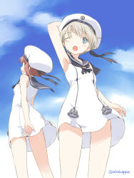Rule 34 | 10s, 2girls, ;o, adapted costume, arm up, armpits, asoka, blonde hair, blush, brown eyes, brown hair, cloud, commentary, day, dress, from below, green eyes, hand on own head, hat, kantai collection, multiple girls, one eye closed, open mouth, sailor dress, sailor hat, short hair, signature, silver hair, sky, twitter username, white dress, white hat, wind, z1 leberecht maass (kancolle), z3 max schultz (kancolle)