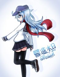 Rule 34 | 1girl, anchor symbol, black footwear, black gloves, black sailor collar, black skirt, black thighhighs, blue eyes, blue hair, blue hat, blush, closed mouth, commentary request, fingerless gloves, flat cap, floating hair, fringe trim, gloves, hair between eyes, hat, hibiki (kancolle), highres, kantai collection, long hair, long sleeves, pleated skirt, raythalosm, red scarf, sailor collar, scarf, school uniform, serafuku, shirt, shoe soles, shoes, skirt, smile, solo, standing, standing on one leg, thighhighs, translation request, twitter username, very long hair, white shirt