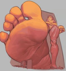 1girl barefoot boku_no_hero_academia city destruction foot_focus foreshortening from_below giant giantess grey_background landscape rammzi red_theme skin_tight soles solo standing stirrup_legwear toeless_legwear toes uraraka_ochako wrinkled_skin