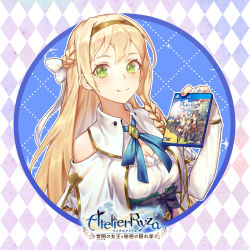 Rule 34 | 1girl, atelier (series), atelier ryza, atelier ryza 1, blonde hair, blue hair, blue nails, blue ribbon, bow, braid, breasts, cleavage, closed mouth, copyright name, cover, green eyes, hair bow, hairband, holding, klaudia valentz, long hair, looking at viewer, medium breasts, multicolored nails, nail polish, red nails, ribbon, single braid, smile, solo, upper body, video game cover, video game cover (object), w2398510474, white bow