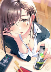 Rule 34 | 1girl, alcohol, beer, beer can, blazer, blush, breasts, brown eyes, brown hair, can, chopsticks, cleavage, collared shirt, commentary request, controller, drink can, drunk, head rest, holding, holding can, jacket, long hair, looking at viewer, medium breasts, nail polish, office lady, original, pink nails, remote control, shirt, sitting, sleeves rolled up, solo, strong zero, tsukana (saba mizore), upper body