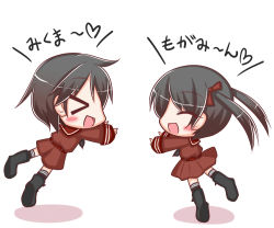 Rule 34 | &gt; &lt;, 2girls, :d, ^ ^, black footwear, black hair, black neckerchief, black socks, blush, boots, brown ribbon, brown serafuku, brown shirt, brown shorts, brown skirt, closed eyes, comic, cross-laced footwear, hair ribbon, jumping, kantai collection, kneehighs, komakoma (magicaltale), lace-up boots, long hair, long sleeves, mikuma (kancolle), mogami (kancolle), multiple girls, neckerchief, open mouth, outstretched arms, pleated skirt, ribbon, school uniform, serafuku, shirt, shorts, simple background, skirt, sleeves past wrists, smile, socks, translation request, twintails, white background, xd