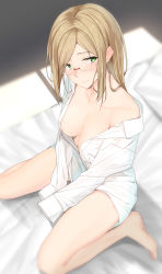 Rule 34 | 1girl, bad id, bad pixiv id, bare legs, barefoot, bed sheet, breasts, collarbone, glasses, green eyes, highres, kantai collection, katori (kancolle), light brown hair, long hair, medium breasts, open clothes, open shirt, pallad, parted bangs, pillow, rimless eyewear, shirt, sitting, sleeves past fingers, sleeves past wrists, solo, wariza, white shirt
