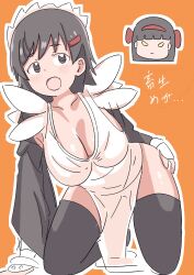 Rule 34 | 2girls, angry, arm support, black hair, breasts, cleavage, fingerless gloves, gloves, grey eyes, hair ribbon, hand on own hip, highres, iroha (samurai spirits), japanese text, jealous, kneeling, large breasts, leaning forward, legs, long hair, looking at viewer, maid, maid headdress, multiple girls, nakoruru, open mouth, ribbon, samurai spirits, short hair, smile, thighs, translation request, vatsha, yellow eyes