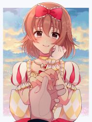 Rule 34 | 1boy, 1girl, blue sky, blush, bow, brown eyes, brown hair, choker, cloud, cloudy sky, dress, fishnet gloves, fishnets, frilled dress, frilled sleeves, frills, gloves, hair between eyes, hair bow, hand grab, hand on own face, highres, idolmaster, idolmaster cinderella girls, idolmaster cinderella girls starlight stage, jewelry, kita hinako, looking at viewer, medium hair, necklace, outdoors, pmoufu, puffy short sleeves, puffy sleeves, short sleeves, sky, smile, white dress, white gloves, wrist cuffs