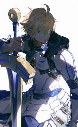 Rule 34 | 1boy, :|, ahoge, armor, arthur pendragon (fate), blonde hair, breastplate, closed mouth, commentary request, excalibur (fate/prototype), expressionless, fate/grand order, fate/prototype, fate/prototype: fragments of blue and silver, fate (series), faulds, gauntlets, greaves, green eyes, highres, holding, holding sword, holding weapon, hood, k7 (kk7 000), light particles, looking away, male focus, pauldrons, shadow, short hair, shoulder armor, simple background, solo, sword, upper body, weapon, white background