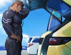 Rule 34 | 1boy, bara, black bodysuit, black hair, black male swimwear, bodysuit, car, cloud, covered abs, covered erect nipples, day, diving suit, facial hair, hand on own hip, highres, large pectorals, male focus, male swimwear, motor vehicle, muscular, muscular male, original, outdoors, paid reward available, pectorals, rew, short hair, sky, solo, tarutoru, wet, wet clothes, wetsuit