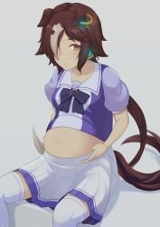 Rule 34 | 1girl, akinonohara, animal ears, big belly, bow, bowtie, brown eyes, brown hair, closed mouth, grey background, hair over one eye, highres, horse ears, horse girl, horse tail, long hair, looking at viewer, navel, ponytail, purple bow, purple bowtie, purple shirt, sailor collar, school uniform, shirt, short sleeves, sitting, skirt, solo, tail, thighhighs, tracen school uniform, umamusume, vodka (umamusume), white skirt, white thighhighs