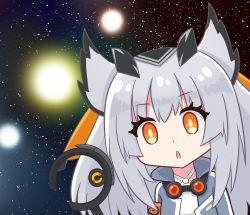 Rule 34 | 1girl, arknights, coat, galaxy, goggles, goggles around neck, grey coat, highres, kitara koichi, meme, open mouth, orange eyes, owl ears, pointy hair, ptilopsis (arknights), short hair, solo, space, space cat (meme), staff, universe, upper body, white hair