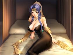 Rule 34 | 1girl, ass, bed, blue hair, breasts, cleavage, dress, covered erect nipples, furea, g.j?, game cg, gem, huge breasts, jewelry, legs, long legs, necklace, queen bonjourno, sano toshihide, solo, thighs