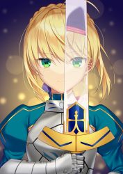 Rule 34 | 2girls, ahoge, armor, artoria caster (fate), artoria caster (second ascension) (fate), artoria pendragon (all), artoria pendragon (fate), blonde hair, excalibur (fate/stay night), fate/grand order, fate (series), gauntlets, green eyes, hat, light, multiple girls, reflection, saber (fate), shino skk