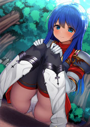 Rule 34 | 1girl, absurdres, armor, backlighting, black thighhighs, blue eyes, blue hair, blue sky, blush, boots, breastplate, bush, caeda (fire emblem), cameltoe, closed mouth, cloud, day, dress, dutch angle, elbow gloves, embarrassed, female focus, fire emblem, forest, gloves, hands on own knees, have to pee, highres, knee boots, knees together feet apart, long hair, looking down, matching hair/eyes, natsuki shuri, nature, nintendo, outdoors, panties, pantyshot, pegasus, red dress, short dress, short sleeves, shoulder armor, sidelocks, sky, solo, squatting, textless version, thighhighs, tree, underwear, upskirt, white footwear, white gloves, white panties