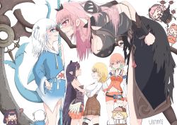 5girls, ?, animal costume, animal hood, artist name, bangs, belt, bird, black dress, black hair, blonde hair, blue eyes, blue hair, blue hoodie, blunt bangs, breast envy, breasts, chibi, cleavage, clenched teeth, commentary, crossed arms, detached sleeves, dress, english commentary, eyebrows visible through hair, face-to-face, feathers, fish tail, flat chest, gawr gura, gradient hair, green hair, hair ornament, highres, hololive, hololive english, holomyth, hood, hoodie, large breasts, leaning forward, long hair, long sleeves, low wings, medium breasts, monocle hair ornament, mori calliope, multicolored hair, multiple girls, navel, necktie, ninomae ina&#039;nis, orange hair, pink eyes, pink hair, plaid, plaid skirt, pointy ears, polearm, purple eyes, purple hair, red neckwear, scythe, shaded face, shark costume, shark girl, shark hair ornament, shark hood, shark tail, sharp teeth, shirt, short hair, sidelocks, silver hair, simple background, skirt, smile, spikes, stitches, strapless, strapless dress, streaked hair, syringe, tail, takanashi kiara, teeth, tentacle, tentacle hair, thighhighs, tiara, trident, two side up, unmi714, veil, virtual youtuber, walfie, walfie (style), watson amelia, weapon, white background, white legwear, white shirt, wide sleeves, wings, zettai ryouiki