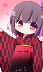 Rule 34 | 1girl, brown hair, closed mouth, commentary request, floral background, gradient background, hair between eyes, hakama, hakama skirt, japanese clothes, kimono, long sleeves, looking at viewer, original, pinching sleeves, print kimono, red background, red eyes, red hakama, rensei, skirt, sleeves past wrists, smile, solo, white background, wide sleeves, yagasuri