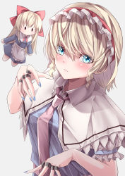 Rule 34 | absurdres, alice margatroid, apron, blonde hair, blue dress, blue eyes, blue nails, bow, capelet, closed mouth, dress, eyebrows hidden by hair, frilled apron, frilled hairband, frilled sleeves, frills, grey background, hair between eyes, hair bow, hairband, highres, jewelry, looking at viewer, mahoro (minase mahoro), nail polish, necktie, puffy short sleeves, puffy sleeves, puppet rings, puppet strings, red bow, red hairband, red necktie, ring, shanghai doll, short sleeves, simple background, solid oval eyes, touhou, upper body, waist apron, white apron, white capelet