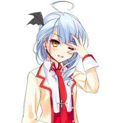 Rule 34 | 1girl, ;d, ahoge, blazer, blue hair, blush, fang, hand on own face, inaho gi hikari, jacket, love of ren&#039;ai koutei of love!, necktie, one eye closed, open mouth, piyodera mucha, school uniform, simple background, slit pupils, smile, solo, white background, wink, yellow eyes