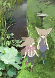 2girls animal_ear_fluff animal_ears bag black_eyes black_leggings black_skirt blue_dress blue_footwear boots brown_bag brown_hair child closed_mouth commentary_request day dog_ears dog_girl dress eyes_visible_through_hair flower full_body furry furry_female grass green_shirt grey_shirt hair_between_eyes highres leaf leggings long_hair looking_at_another miniskirt multiple_girls original outdoors pinafore_dress pink_flower pink_socks pleated_skirt red_footwear red_shirt red_sleeves river scenery shirt shoes short_dress short_sleeves shoulder_bag sidelocks skirt sleeveless sleeveless_dress smile sneakers snout socks straight_hair striped_clothes striped_shirt t-shirt taracod tree two-tone_shirt very_long_hair walking yellow_flower