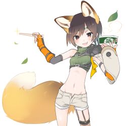 Rule 34 | 1girl, :d, animal ears, armor, armpits, asymmetrical legwear, bowl, breasts, brown eyes, brown hair, brown shorts, chopsticks, commentary, cosplay, cowboy shot, crop top, cropped sweater, cup ramen, don gitsune, don gitsune (cosplay), donbee (food), donbee kitsune udon, elbow gloves, fang, final fantasy, final fantasy vii, final fantasy vii remake, fingerless gloves, fishnet thighhighs, fishnets, forehead protector, fox ears, fox girl, fox tail, gloves, green headband, green sweater, groin, hair between eyes, headband, highres, holding, holding bowl, holding chopsticks, instant udon, leaf, looking at viewer, midriff, navel, nissin, open fly, open mouth, orange gloves, pauldrons, ribbed sweater, short hair, short shorts, shorts, shoulder armor, simple background, single bare shoulder, single pauldron, skin fang, sleeveless, sleeveless turtleneck, small breasts, smile, solo, sparkle, standing, steam, sweater, tail, thigh gap, thighhighs, transpot nonoko, turtleneck, turtleneck sweater, white background, yuffie kisaragi