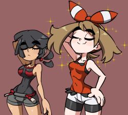 Rule 34 | 2girls, arm behind head, bandana, bare shoulders, black hair, black shirt, black shorts, breasts, brown background, brown hair, closed eyes, closed mouth, collarbone, covered navel, cowboy shot, creatures (company), game freak, hand on own hip, jellot, may (pokemon), may (pokemon oras), medium breasts, multiple girls, narrow waist, nintendo, pokemon, pokemon oras, red shirt, shirt, short hair, shorts, shorts under shorts, simple background, sleeveless, smile, smug, sparkle, standing, white shorts, zinnia (pokemon)