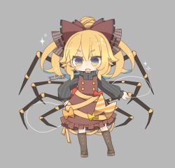 Rule 34 | 1girl, arthropod limbs, black footwear, black shirt, blonde hair, boots, bow, brown bow, brown dress, dress, dress bow, extra legs, full body, grey background, hair bow, kurodani yamame, long sleeves, looking at viewer, open mouth, orange bow, pinafore dress, red bow, shirt, short eyebrows, short hair, simple background, sleeveless dress, solo, standing, touhou, yaco (nuitnotte), yellow bow
