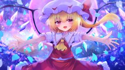 Rule 34 | 1girl, absurdres, ascot, blue background, blush, collared shirt, cowboy shot, crystal, flandre scarlet, frilled shirt collar, frilled skirt, frills, full moon, gradient background, hair between eyes, hat, head tilt, highres, medium hair, mob cap, moon, multicolored wings, one side up, outdoors, outstretched arms, puffy short sleeves, puffy sleeves, purple background, red eyes, red moon, red ribbon, red skirt, red vest, ribbon, ribbon-trimmed headwear, ribbon trim, shirt, short sleeves, skirt, skirt set, sleeve ribbon, solo, tomoe (fdhs5855), touhou, vest, white hat, white shirt, wings, yellow ascot