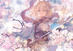 Rule 34 | 1girl, alternate eye color, arm guards, black bow, black scarf, blonde hair, bow, cherry blossoms, fate/grand order, fate (series), floating hair, flower, hair between eyes, hair bow, holding, holding sword, holding weapon, japanese clothes, kimono, long sleeves, looking at viewer, obi, okita souji (fate), okita souji (koha-ace), outdoors, rioka (southern blue sky), sash, scarf, short hair, solo, sparkle, sword, tree, upper body, weapon, wide sleeves, yellow eyes
