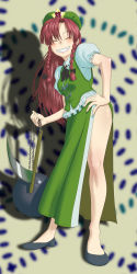 Rule 34 | 1girl, braid, chain, china dress, chinese clothes, dress, female focus, full body, highres, hong meiling, kama (weapon), kusarigama, legs, long hair, long image, red hair, rokusho, sickle, sickle and chain, smile, solo, tall image, embodiment of scarlet devil, touhou, weapon