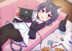 Rule 34 | 1girl, :d, animal ear fluff, animal ears, beret, black hair, black hat, black jacket, black pantyhose, blush, bow, cable, cat ears, cat girl, cat tail, cellphone, child, commentary request, couch, cup, dress, feet out of frame, food, hair between eyes, handheld game console, hands up, hat, holding, holding handheld game console, indoors, jacket, long hair, long sleeves, looking at viewer, lying, mug, nintendo switch, on back, on couch, open clothes, open jacket, open mouth, original, pantyhose, phone, pizza, pizza box, pizza slice, purple bow, red eyes, smile, solo, tail, thighband pantyhose, unworn hat, unworn headwear, victor (tama e akira), white dress, wooden floor