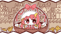 Rule 34 | 1girl, alternate hair color, ascot, basket, bird, bow, bright pupils, chibi, chibi only, chick, closed mouth, collared shirt, colored skin, conveyor belt, cracked egg, dress, egg, expressionless, facing viewer, imigo-chan, looking to the side, low twintails, machine, pepoyo, pinafore dress, red ascot, red bow, red dress, red eyes, red hair, red ribbon, ribbon, shirt, sleeveless, sleeveless dress, solo, twintails, white pupils, white shirt, white skin