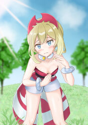 Rule 34 | 1girl, bangle, blonde hair, blue eyes, blue sky, blurry, blurry background, blush, bracelet, breasts, check commentary, cleavage, closed mouth, cloud, collarbone, commentary, commentary request, creatures (company), day, downblouse, dress, embarrassed, eyelashes, fanning self, field, fingernails, game freak, grass, hair between eyes, hair ornament, hairband, highres, hot, irida (pokemon), jewelry, leaning forward, lips, looking at viewer, neck ring, necklace, nintendo, outdoors, pokemon, pokemon legends: arceus, red dress, red hairband, sash, seriponpoyon, shirt, short hair, shorts, sky, sleeveless, sleeveless dress, small breasts, solo, strapless, strapless shirt, sunlight, sweat, thighs, tree, waist cape, white shorts