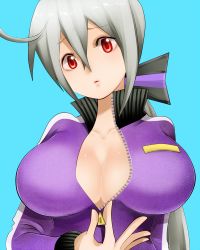 Rule 34 | 1girl, asanome, breasts, cleavage, grey hair, huge breasts, long hair, looking at viewer, red eyes, simple background, solo, unzipped, vocaloid, yowane haku