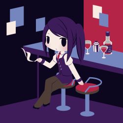 Rule 34 | 1girl, alcohol, bar stool, black hair, black pantyhose, blush, chibi, cigarette, closed mouth, cobalta, cup, drinking glass, indoors, jill stingray, long hair, pantyhose, sitting, smoking, solo, stool, twintails, va-11 hall-a, wine, wine glass
