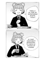 Rule 34 | 1girl, 2koma, :d, absurdres, adjusting clothes, adjusting necktie, business suit, closed eyes, comic, commentary, cup, english commentary, fang, formal, greyscale, gris (vertigris), highres, monochrome, mug, mug writing, necktie, newspaper, open mouth, original, smile, solo, suit, typo, vertigris
