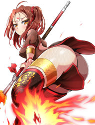 Rule 34 | 1girl, ass, blush, breasts, brown hair, brown thighhighs, china dress, chinese clothes, covered erect nipples, dress, facial mark, fate/grand order, fate (series), fire, fishnet pantyhose, fishnets, forehead mark, highres, holding, holding weapon, looking at viewer, nezha (fate), orange eyes, pantyhose, polearm, sekai saisoku no panda, simple background, solo, spear, thighhighs, thighlet, twintails, weapon, white background
