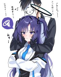 Rule 34 | 1boy, 1girl, absurdres, doodle sensei (blue archive), black gloves, blue archive, blue necktie, blush, collared shirt, commentary request, crossed arms, formal, gloves, halo, highres, jacket, long hair, long sleeves, mutsu 6256, necktie, pout, purple eyes, purple hair, sensei (blue archive), shirt, spoken squiggle, squiggle, suit, translation request, two side up, upper body, v-shaped eyebrows, white background, white jacket, white shirt, yuuka (blue archive)