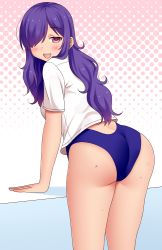 Rule 34 | 1girl, ass, blush, breasts, from behind, hair over one eye, long hair, looking at viewer, neri sachiko, open mouth, original, purple hair, red eyes, school swimsuit, shirt, smile, solo, swimsuit