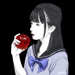 Rule 34 | #b7282e, 1girl, ambiguous red liquid, apple, artist name, black background, black eyes, black hair, black sailor collar, blue bow, blue bowtie, blue shirt, blunt bangs, bow, bowtie, breasts, closed mouth, colored skin, dripping, female focus, food, fruit, half-closed eyes, hand up, highres, holding, holding food, holding fruit, long hair, original, realistic, red lips, sailor collar, school uniform, serafuku, shirt, short sleeves, sidelocks, signature, simple background, small breasts, solo, upper body, white skin