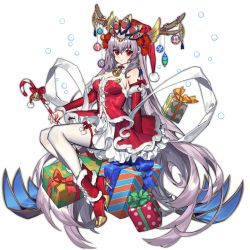 Rule 34 | 1girl, antlers, ark order, arm ribbon, artist request, bell, boots, bow, breasts, candy, candy cane, christmas ornaments, detached sleeves, dress, earrings, flower, food, fur-trimmed boots, fur-trimmed dress, fur-trimmed sleeves, fur collar, fur trim, gift, grey hair, headpiece, high heel boots, high heels, holding, holding candy, holding candy cane, holding food, horns, indra (ark order), jewelry, leg ribbon, long hair, looking at viewer, medium breasts, neck bell, official art, pantyhose, pointy ears, red bow, red dress, red eyes, red flower, red footwear, red rose, ribbon, rose, santa costume, sidelocks, solo, tachi-e, thigh bow, thigh ribbon, transparent background, very long hair, white pantyhose