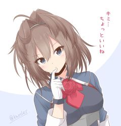 Rule 34 | 1girl, ascot, blue eyes, brown hair, commentary request, finger to mouth, flower, gloves, kantai collection, long hair, looking at viewer, messy hair, military, military uniform, one-hour drawing challenge, red ascot, red flower, red rose, rose, sheffield (kancolle), shizuna kaede, solo, translation request, twitter username, uniform, white gloves
