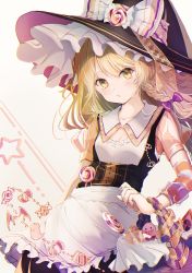 Rule 34 | 1girl, apron, armpits, bad id, bad pixiv id, bag, bare shoulders, bat (animal), black dress, blonde hair, bow, braid, buttons, candy, cowboy shot, dress, food, ghost, hair ribbon, halloween, halloween costume, happiness lilys, hat, hat bow, highres, kirisame marisa, looking at viewer, nail polish, pumpkin, ribbon, short sleeves, single braid, solo, star (symbol), touhou, waist apron, white background, white bow, witch hat, yellow eyes