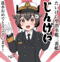 Rule 34 | 1girl, artist name, black hair, black necktie, blush, collared shirt, dated, gloves, hair between eyes, hair flaps, hair ornament, hat, highres, jingei (kancolle), kantai collection, kirisawa juuzou, long hair, long sleeves, military, military uniform, necktie, open mouth, peaked cap, red eyes, shirt, signature, smile, solo, translation request, uniform, upper body, white gloves, white hat, white shirt