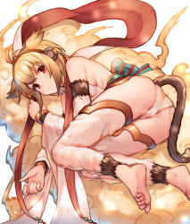 Rule 34 | 1girl, ahoge, andira (granblue fantasy), animal ears, ass, bad id, bad pixiv id, bare shoulders, barefoot, blonde hair, breasts, commentary request, detached sleeves, erune, feet, flying nimbus, granblue fantasy, hagoromo, hairband, highres, koretsuki azuma, long sleeves, looking at viewer, lying, monkey ears, monkey tail, on side, red eyes, shawl, short hair, sideboob, sidelocks, small breasts, solo, tail, two side up, wide sleeves