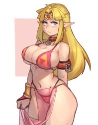 Rule 34 | 1girl, absurdres, ahoge, arm behind back, armlet, bare shoulders, bdsm, bikini, blonde hair, blue eyes, bracelet, breasts, choker, cleavage, closed mouth, collar, cowboy shot, curvy, earrings, frown, highres, jewelry, kelvin hiu, large breasts, loincloth, long hair, looking at viewer, navel, nintendo, o-ring, o-ring bikini, parted bangs, pelvic curtain, pink background, pink bikini, pointy ears, princess zelda, see-through, sidelocks, simple background, skindentation, slave, solo, standing, swimsuit, the legend of zelda, the legend of zelda: a link between worlds, the legend of zelda: a link to the past, thick thighs, thighs, tiara, triangle earrings, white background