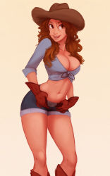 Rule 34 | 1girl, absurdres, belt, blouse, blue shirt, boots, breasts, brown eyes, brown hair, cleavage, cowboy hat, cowboy western, curly hair, freckles, front-tie top, gloves, hat, highres, large breasts, long hair, looking at viewer, midriff, navel, no bra, raichiyo33, shirt, short shorts, shorts, simple background, sleeves rolled up, solo
